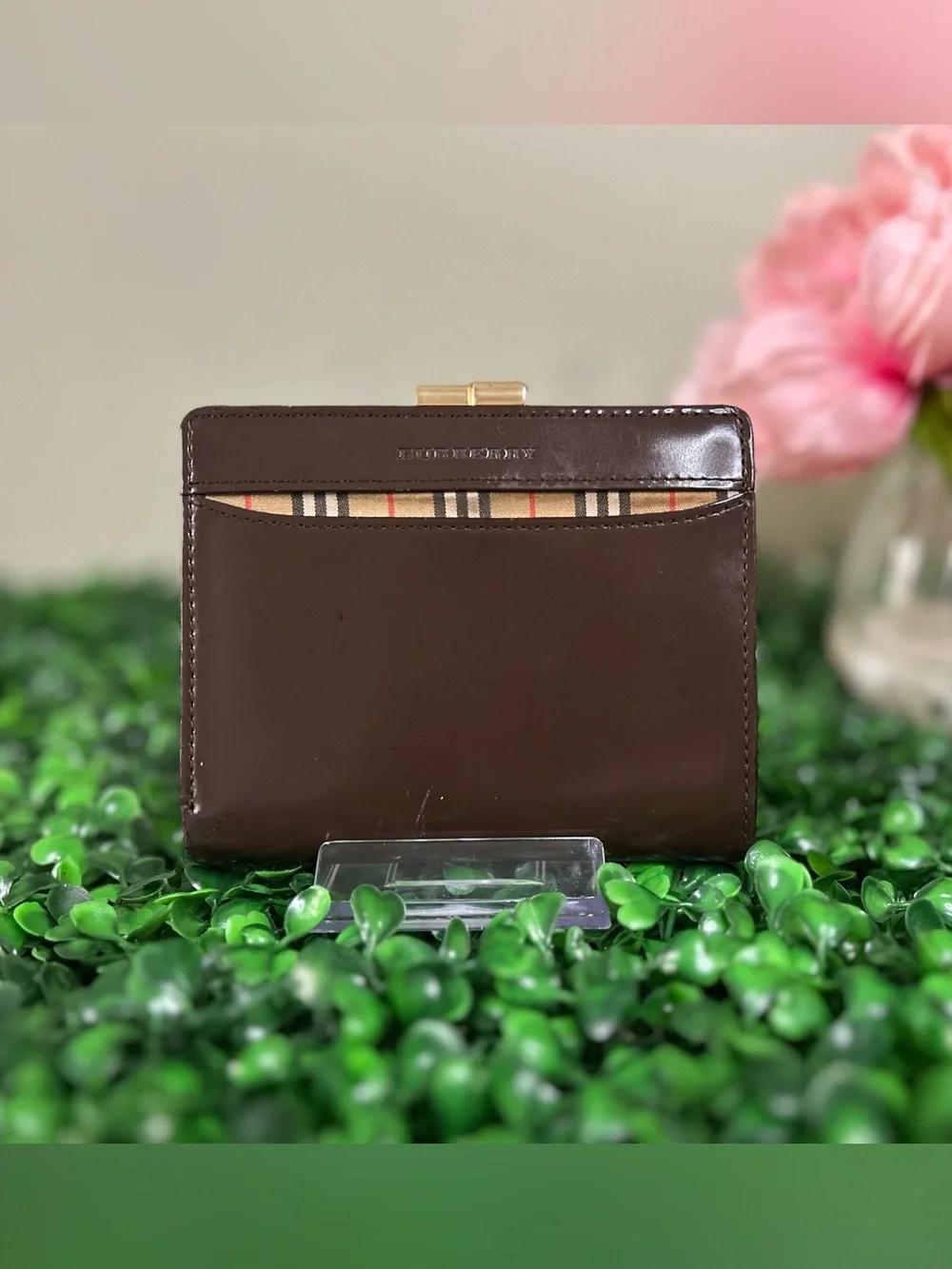 Burberry Vintage Nova Check Kiss Lock Compact Wallet Brown Leather